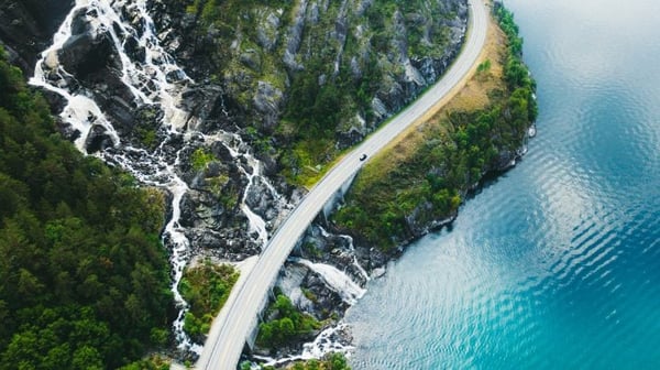 Aerial view of coastal road