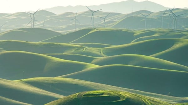 Wind turbines in rolling hills