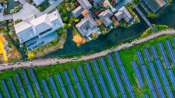 Aerial view of solar farm and other buildings