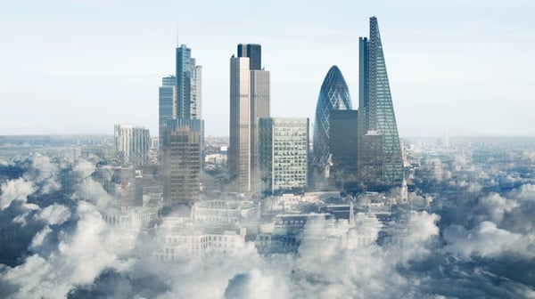 London skyscrapers rising through the clouds