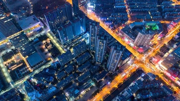 Aerial view of city centre at night